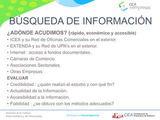 Fomento de la Cultura
Emprendedora y del Autoempleo Participa en #masempresas
¿ADÓNDE ACUDIMOS? (rápido, económico y accesible)
• ICEX y su Red de Oficinas Comerciales en el exterior.
• EXTENDA y su Red de UPN’s en el exterior.
• Internet : acceso a fondos documentales.
• Cámaras de Comercio.
• Asociaciones Sectoriales.
• Otras Empresas
EVALUAR
• Credibilidad : ¿quién realizó el estudio y con qué fin?
• Actualidad de la Información.
• Accesibilidad a la información.
• Fiabilidad : ¿se obtuvo con los métodos adecuados?
BÚSQUEDA DE INFORMACIÓN
 
