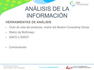 Fomento de la Cultura
Emprendedora y del Autoempleo Participa en #masempresas
HERRAMIENTAS DE ANÁLISIS
• Ciclo de vida del producto, matriz del Boston Consulting Group
• Matriz de McKinsey
• DAFO o SWOT
• Conclusiones
ANÁLISIS DE LA
INFORMACIÓN
 