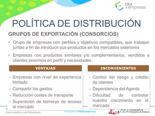 Fomento de la Cultura
Emprendedora y del Autoempleo Participa en #masempresas
GRUPOS DE EXPORTACIÓN (CONSORCIOS)
• Grupo de empresas con perfiles y objetivos compatibles, que trabajan
juntas a fin de introducir sus productos en los mercados exteriores
• Empresas con productos similares y/o complementarios, vendidos a
clientes próximos en perfil y necesidades
VENTAJAS
• Empresas con nivel de experiencia
limitado
• Compartir los gastos
• Reducción costes de transporte
• Superación de barreras de acceso
al mercado
INCONVENIENTES
• Control del riesgo y crédito
de clientes
• Dependencia del Agente
• Dificultad de controlar
nuestro crecimiento en el
mercado
POLÍTICA DE DISTRIBUCIÓN
 