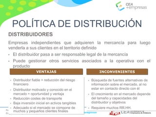 Fomento de la Cultura
Emprendedora y del Autoempleo Participa en #masempresaswww.mibomaster.com
DISTRIBUIDORES
Empresas independientes que adquieren la mercancía para luego
venderla a sus clientes en el territorio definido
• El distribuidor pasa a ser responsable legal de la mercancía
• Puede gestionar otros servicios asociados a la operativa con el
producto
VENTAJAS
• Distribuidor fiable = reducción del riesgo
financiero
• Distribuidor motivado y conocido en el
mercado = oportunidad y ventaja
• Reducción costes de transporte
• Baja inversión inicial en activos tangibles
• Adecuado si el mercado se compone de
muchos y pequeños clientes finales
• Búsqueda de fuentes alternativas de
información sobre el mercado, al no
estar en contacto directo con él
• El crecimiento en el mercado depende
del tamaño y capacidades del
distribuidor y objetivos
• Requiere muchos RR.HH.
INCONVENIENTES
POLÍTICA DE DISTRIBUCIÓN
 