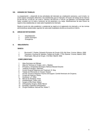 6
VIII. HORARIO DE TRABAJO:
La programación y desarrollo de las actividades del internado es a dedicación exclusiva; y por lo tanto, no
podrá realizar actividades diferentes a las establecidas para el internado. El horario de trabajo de los Internos
es de 8:00 am. a 5:00 pm. de Lunes a Viernes y de 8:00 am a 1:00 pm los Sábados .Los Domingos hasta
haber cumplido con la visita y evolución de los pacientes a su cargo. Modificaciones de este horario se
regirán al las establecidas en cada sede hospitalaria de internado.
Desde el punto de vista académico y asistencial se regirá en el reglamento de internado y en las normas
administrativas asistenciales vigentes de cada sede hospitalaria donde se encuentre el interno.
IX. AREAS DE ROTACIONES
1 Hospitalización
2 Centro Quirúrgico
3 Emergencia
X. BIBLIOGRAFIA
BASICA
1 Brunicardi F. Charles: Schwartz Principios de Cirugía. 8 Ed. Mc Graw, 2 tomos. México, 2006.
2 Townsend, Courtney M. Sabiston Tratado de Cirugía. 17°Ed. Elsevier. 3 tomos. Madrid, 2005.
3 Washington, Manual de Cirugía. 3 Ed Mart. Madrid. 2006
COMPLEMENTARIA
1 Atlas Quirúrgico de Zöllinger
2 Atlas de Técnicas en Cirugía: John L. Madden
3 Principios y Terapeútica Quirúrgica: Barboza Besada Eduardo
4 Textbook of Surgery: Sabinston
5 Current Surgical Diagnosis and Treatment: D. Way
6 Tratado de Infecciones en Cirugía: Howard
7 ATLAS :Course of Advance Trauma Life Support. Comité Americano de Cirujanos.
8 Cirugía de Urgencia: Perera
9 Anestesia I y II: Miller
10 Manual de Anestesia: Snow
11 Anestesiología: Collins John
12 Surgery of the Chest: Gibbon
13 Orthopaedics Surgery: Walter Mercer
14 Campbell´s Operative Orthopaedics
15 Cirugía Pediátrica: Ashcratt Kw, Holder T.
 