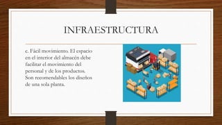 INFRAESTRUCTURA
c. Fácil movimiento. El espacio
en el interior del almacén debe
facilitar el movimiento del
personal y de los productos.
Son recomendables los diseños
de una sola planta.
 
