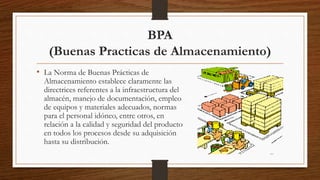 BPA
(Buenas Practicas de Almacenamiento)
• La Norma de Buenas Prácticas de
Almacenamiento establece claramente las
directrices referentes a la infraestructura del
almacén, manejo de documentación, empleo
de equipos y materiales adecuados, normas
para el personal idóneo, entre otros, en
relación a la calidad y seguridad del producto
en todos los procesos desde su adquisición
hasta su distribución.
 