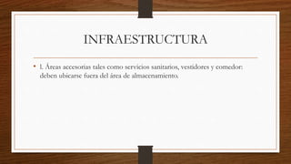 INFRAESTRUCTURA
• l. Áreas accesorias tales como servicios sanitarios, vestidores y comedor:
deben ubicarse fuera del área de almacenamiento.
 