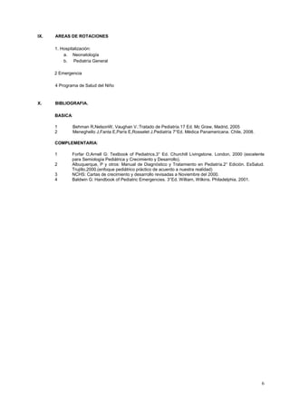 6
IX. AREAS DE ROTACIONES
1. Hospitalización:
a. Neonatología
b. Pediatría General
2 Emergencia
4 Programa de Salud del Niño
X. BIBLIOGRAFIA.
BASICA:
1 Behman R,NelsonW, Vaughan V.:Tratado de Pediatría.17 Ed. Mc Graw, Madrid, 2005
2 Meneghello J,Fanta E,París E,Rosselet J.Pediatría 7°Ed. Médica Panamericana. Chile, 2008.
COMPLEMENTARIA:
1 Forfar O,Arnell G: Textbook of Pediatrics.3° Ed. Churchill Livingstone. London, 2000 (excelente
para Semiología Pediátrica y Crecimiento y Desarrollo).
2 Albuquerque, P y otros: Manual de Diagnóstico y Tratamiento en Pediatría.2° Edición. EsSalud.
Trujillo,2000.(enfoque pediátrico práctico de acuerdo a nuestra realidad)
3 NCHS: Cartas de crecimiento y desarrollo revisadas a Noviembre del 2000.
4 Baldwin G: Handbook of Pediatric Emergencies. 3°Ed. William, Wilkins. Philadelphia, 2001.
 
