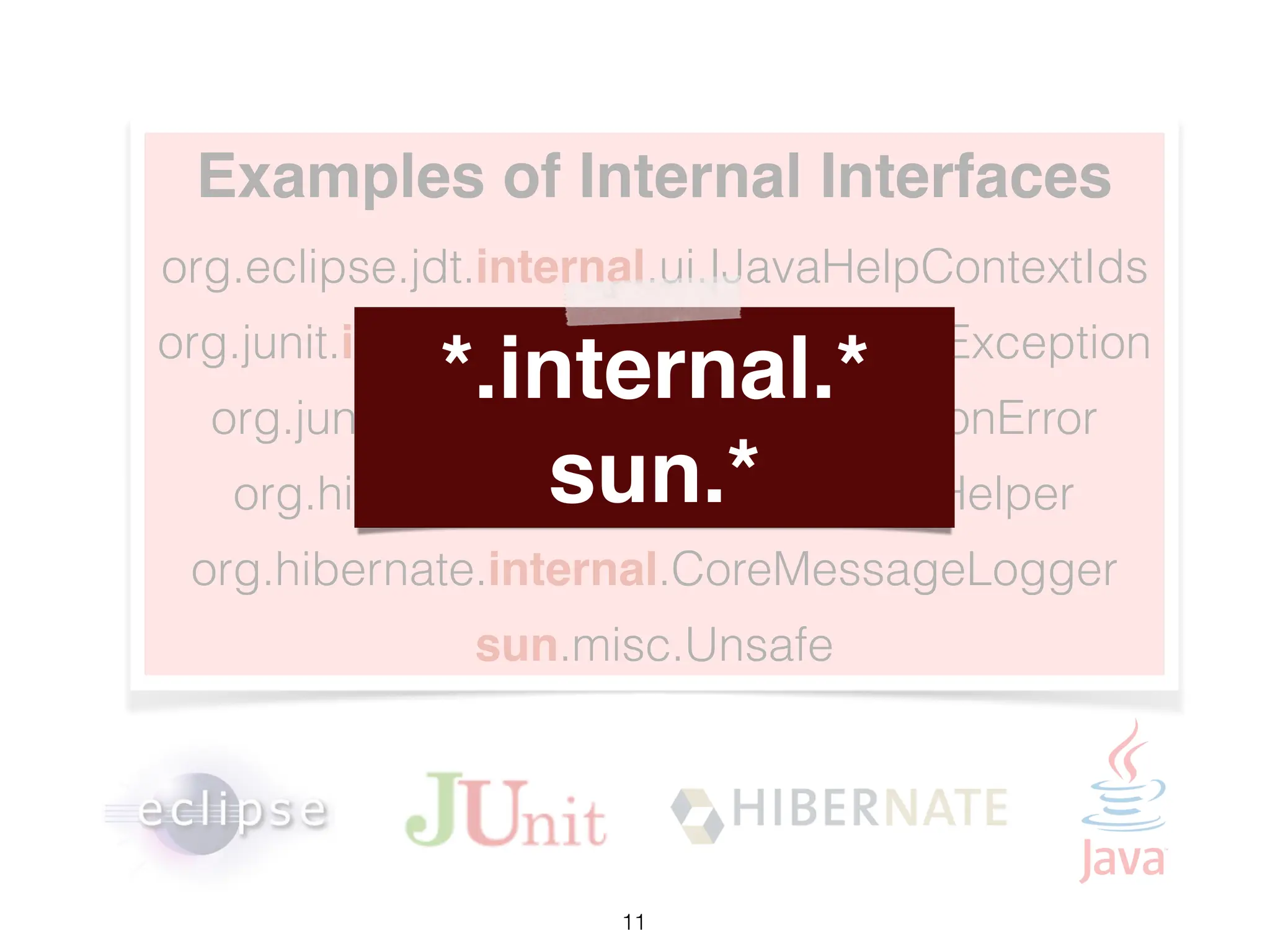 Examples of Internal Interfaces
org.eclipse.jdt.internal.ui.IJavaHelpContextIds
org.junit.internal.AssumptionViolatedException
org.junit.internal.runners.InitializationError
org.hibernate.internal.util.ReflectHelper
org.hibernate.internal.CoreMessageLogger
sun.misc.Unsafe
*.internal.*
sun.*
11
 