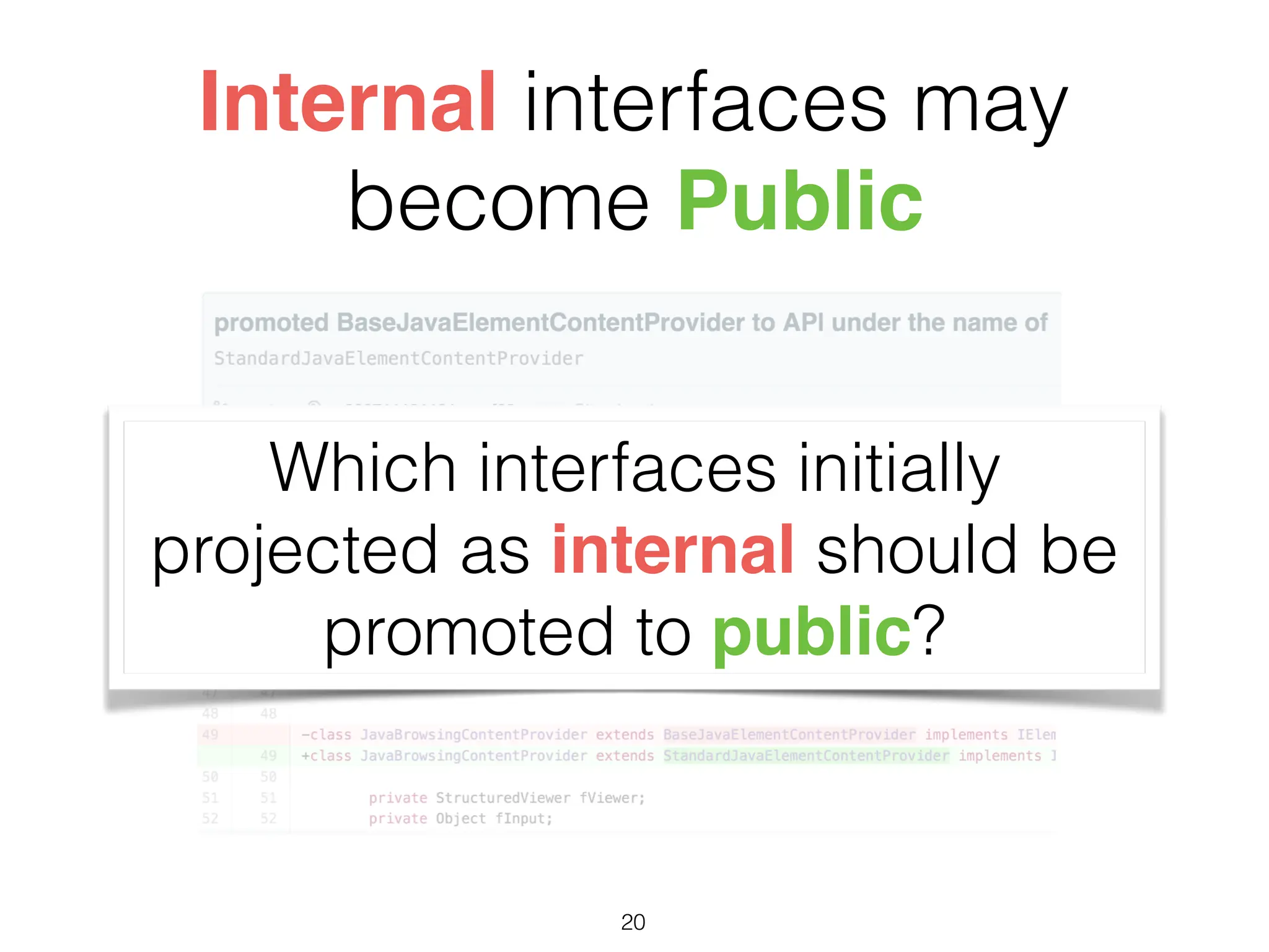 Internal interfaces may
become Public
Which interfaces initially
projected as internal should be
promoted to public?
20
 