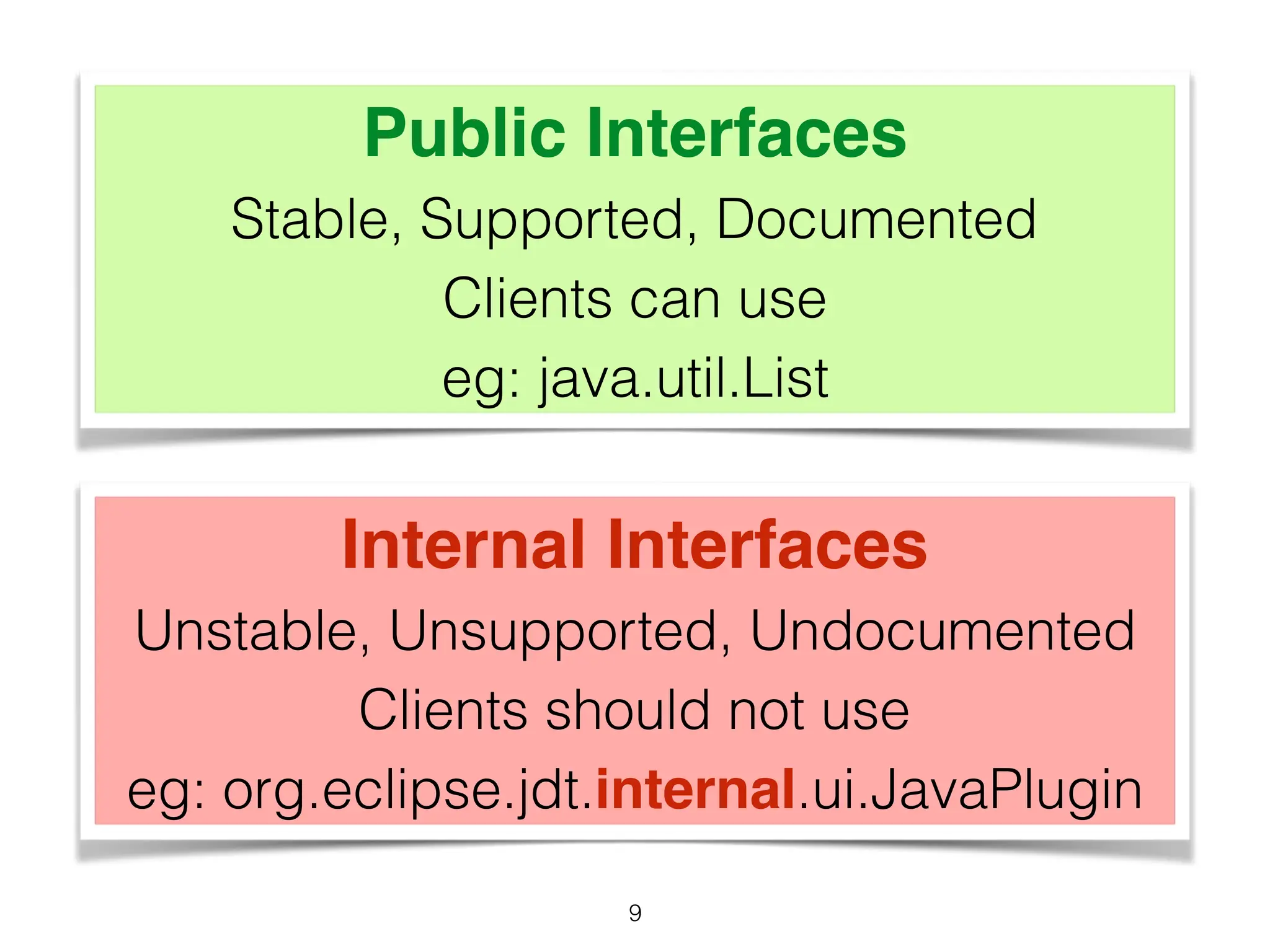Public Interfaces
Stable, Supported, Documented
Clients can use
eg: java.util.List
Internal Interfaces
Unstable, Unsupported, Undocumented
Clients should not use
eg: org.eclipse.jdt.internal.ui.JavaPlugin
9
 
