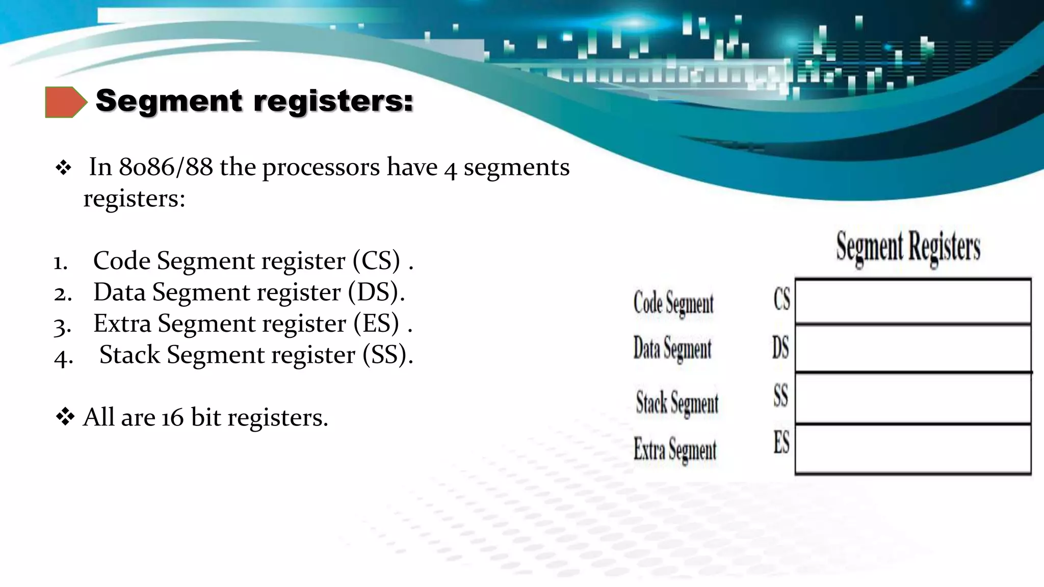 Segment registers:
 In 8086/88 the processors have 4 segments
registers:
1. Code Segment register (CS) .
2. Data Segment register (DS).
3. Extra Segment register (ES) .
4. Stack Segment register (SS).
 All are 16 bit registers.
 