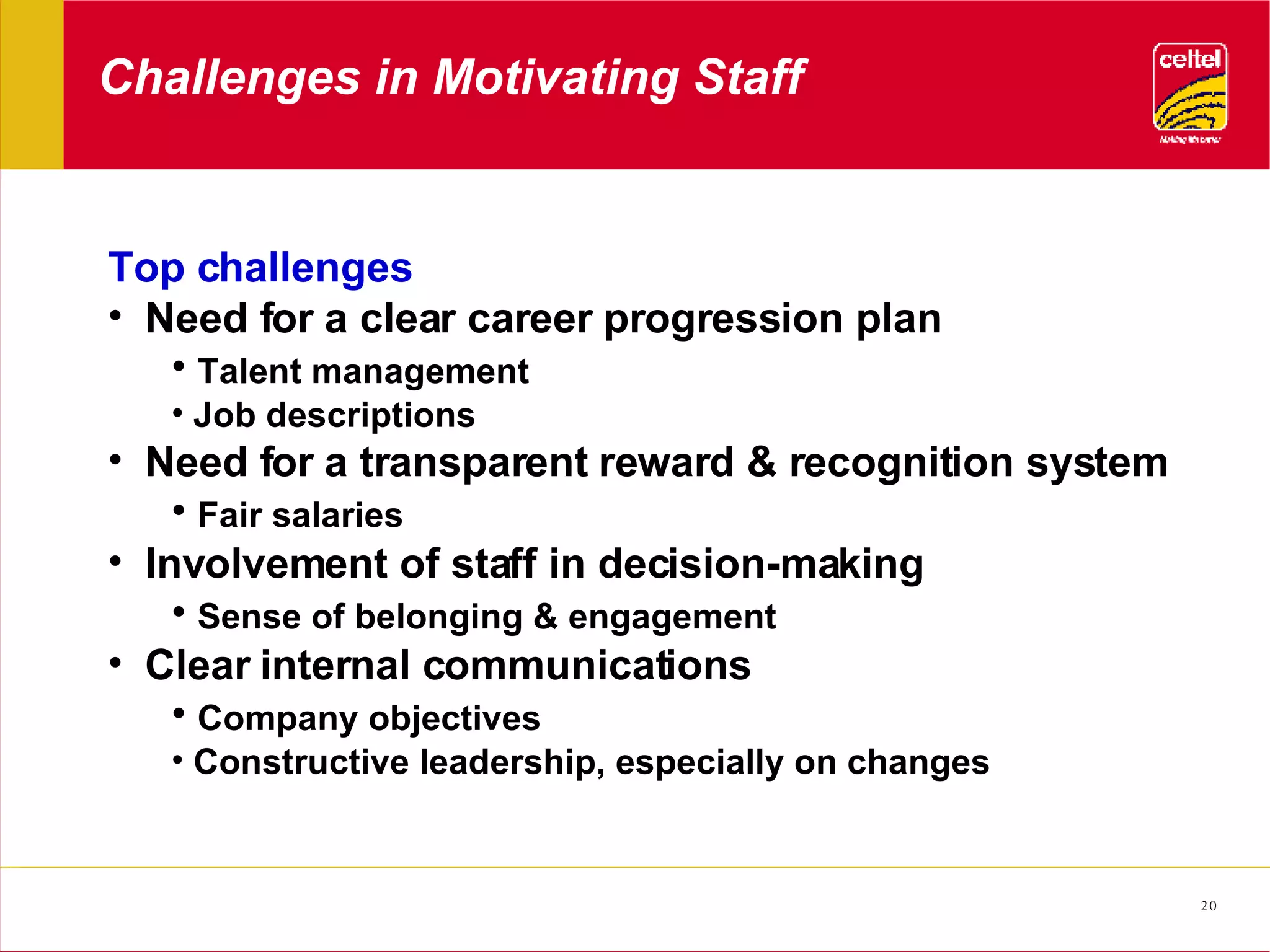 Challenges in Motivating Staff Top challenges Need for a clear career progression plan  Talent management Job descriptions Need for a transparent reward & recognition system Fair salaries Involvement of staff in decision-making Sense of belonging & engagement Clear internal communications Company objectives Constructive leadership, especially on changes 
