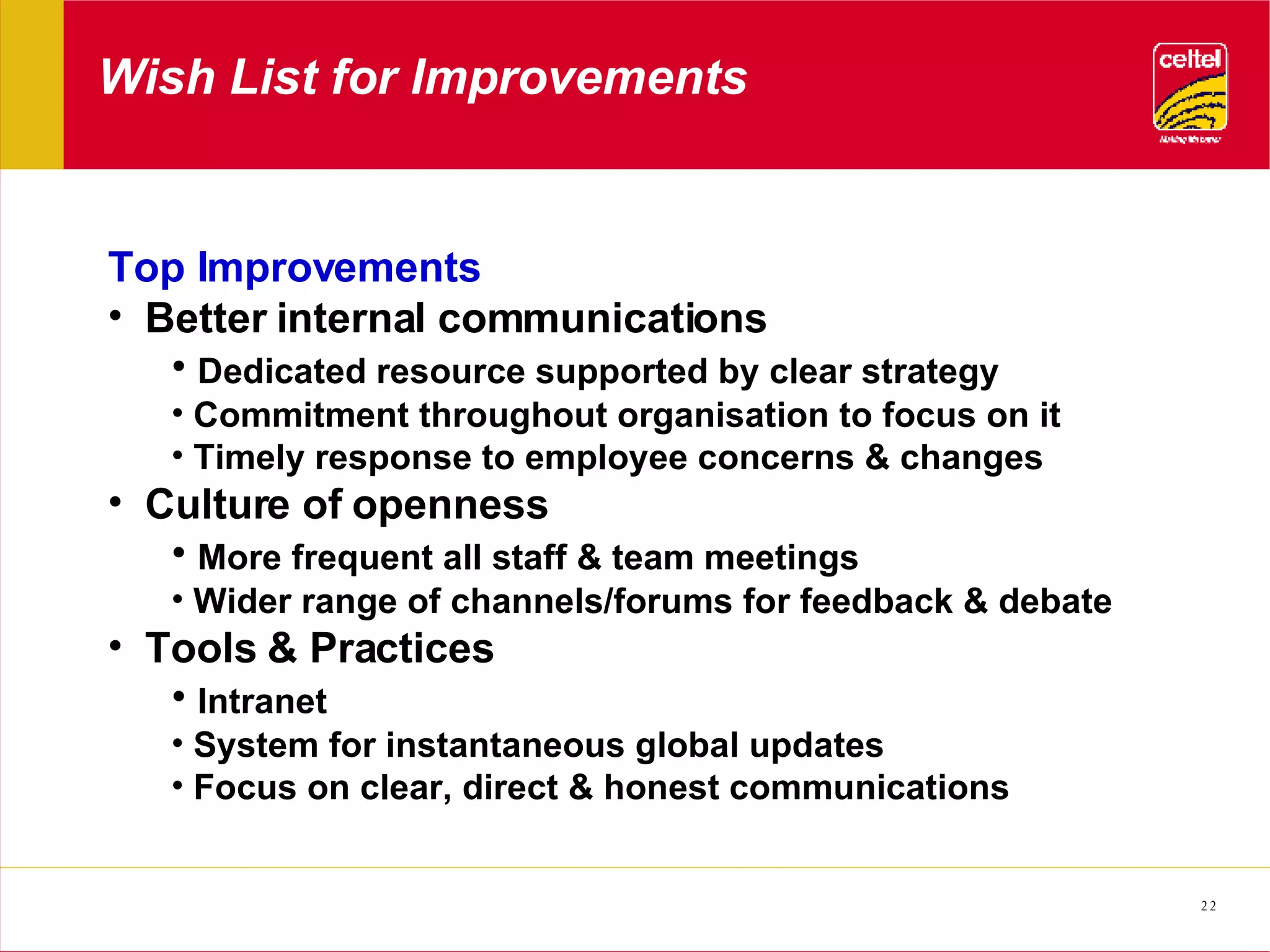 Wish List for Improvements Top Improvements Better internal communications  Dedicated resource supported by clear strategy Commitment throughout organisation to focus on it Timely response to employee concerns & changes Culture of openness More frequent all staff & team meetings Wider range of channels/forums for feedback & debate Tools & Practices Intranet System for instantaneous global updates Focus on clear, direct & honest communications 