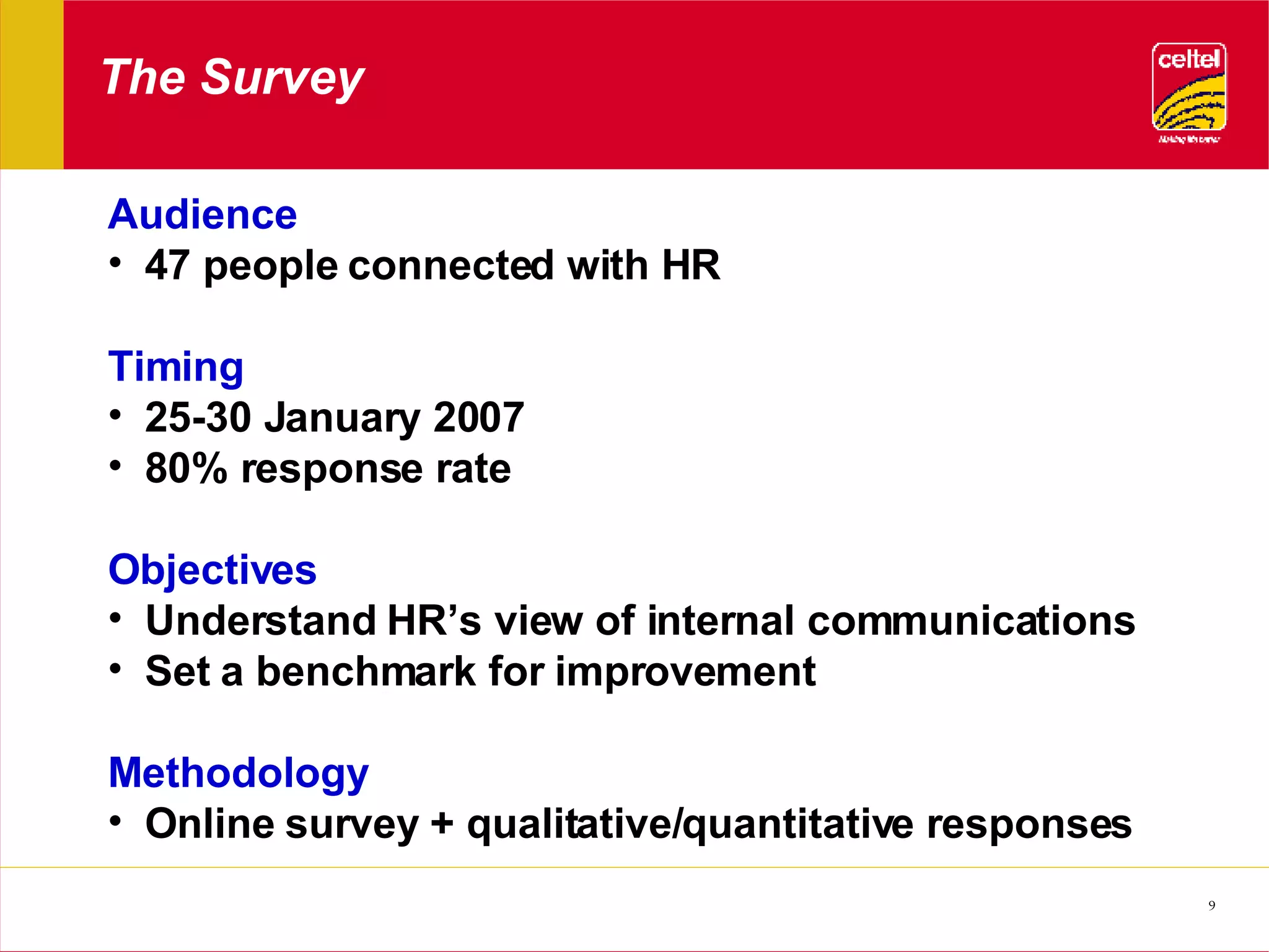 The Survey Audience 47 people connected with HR Timing 25-30 January 2007 80% response rate Objectives Understand HR’s view of internal communications Set a benchmark for improvement Methodology Online survey + qualitative/quantitative responses 