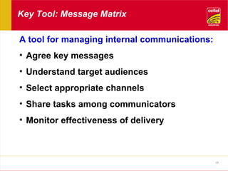 Key Tool: Message Matrix A tool for managing internal communications: Agree key messages Understand target audiences Select appropriate channels Share tasks among communicators Monitor effectiveness of delivery 