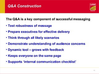 Q&A Construction The Q&A is a key component of successful messaging  Test robustness of message Prepare executives for effective delivery Think through all likely scenarios Demonstrate understanding of audience concerns Dynamic tool – grows with feedback Keeps everyone on the same page Supports ‘internal communication checklist’ 