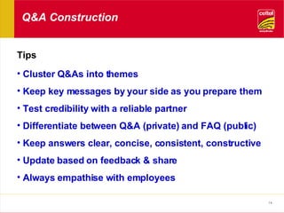 Q&A Construction Tips Cluster Q&As into themes Keep key messages by your side as you prepare them Test credibility with a reliable partner Differentiate between Q&A (private) and FAQ (public) Keep answers clear, concise, consistent, constructive Update based on feedback & share Always empathise with employees 