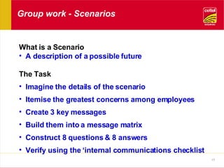 Group work - Scenarios What is a Scenario  A description of a possible future  The Task Imagine the details of the scenario Itemise the greatest concerns among employees Create 3 key messages Build them into a message matrix Construct 8 questions & 8 answers Verify using the ‘internal communications checklist  