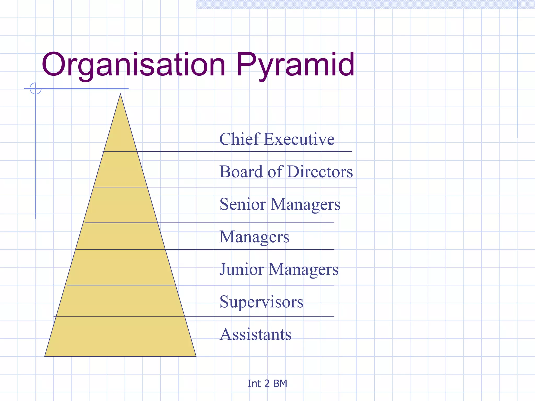 Organisation Pyramid Chief Executive Board of Directors Senior Managers Managers Junior Managers Supervisors Assistants 