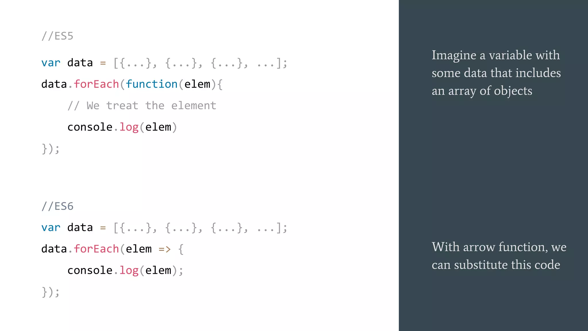 //ES5
var data = [{...}, {...}, {...}, ...];
data.forEach(function(elem){
// We treat the element
console.log(elem)
});
Imagine a variable with
some data that includes
an array of objects
With arrow function, we
can substitute this code
//ES6
var data = [{...}, {...}, {...}, ...];
data.forEach(elem => {
console.log(elem);
});
 