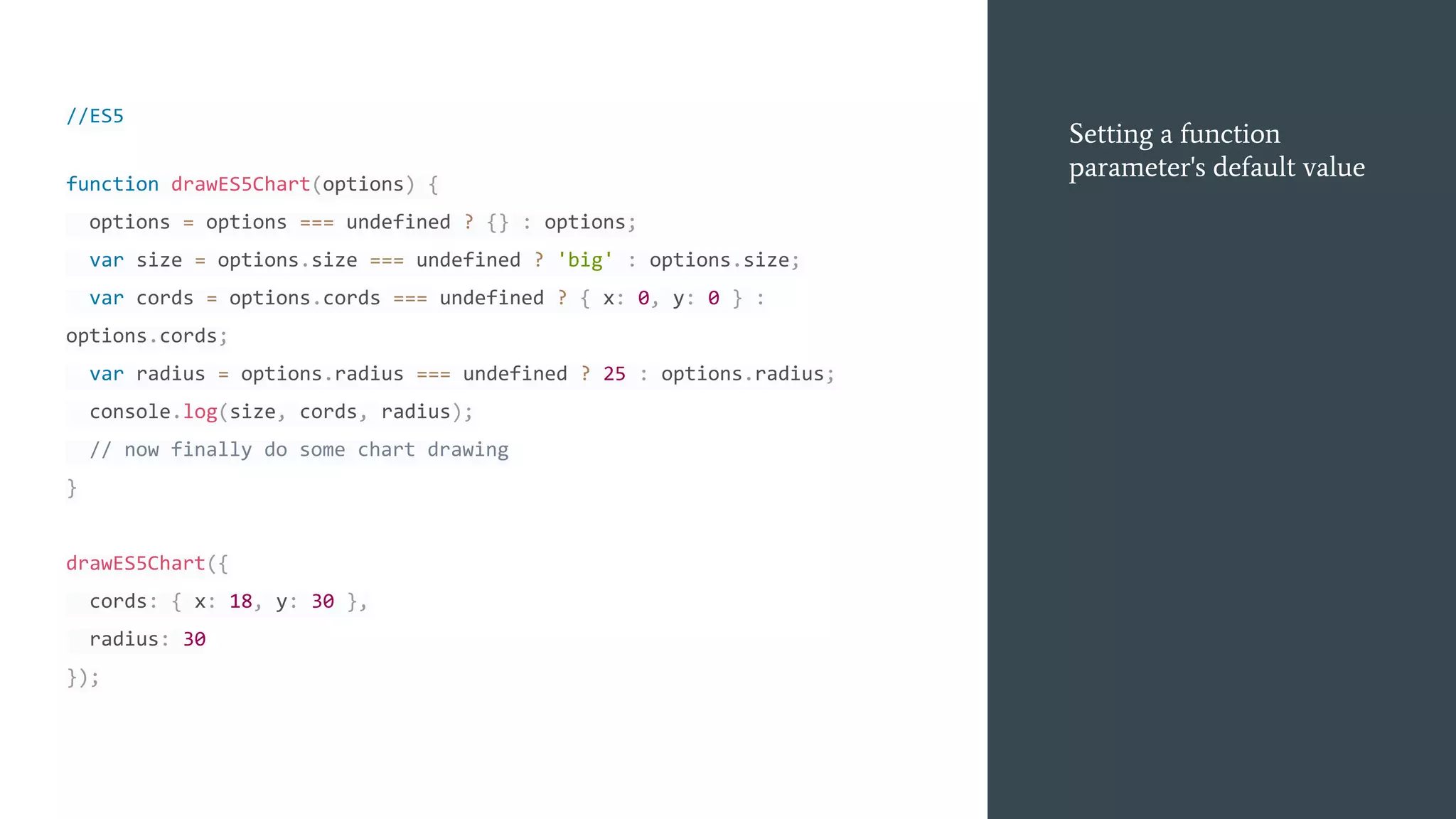 //ES5
function drawES5Chart(options) {
options = options === undefined ? {} : options;
var size = options.size === undefined ? 'big' : options.size;
var cords = options.cords === undefined ? { x: 0, y: 0 } :
options.cords;
var radius = options.radius === undefined ? 25 : options.radius;
console.log(size, cords, radius);
// now finally do some chart drawing
}
drawES5Chart({
cords: { x: 18, y: 30 },
radius: 30
});
Setting a function
parameter's default value
 