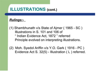 ILLUSTRATIONS (cont.)
Rulings:-
(1) Shambhunath v/s State of Ajmer ( 1965 - SC )
Illustrations in S. 101 and 106 of
“ Indian Evidence Act, 1872 ” referred
Principle evolved on interpreting illustrations.
(2) Moh. Syedol Ariffin v/s Y.O. Gark ( 1916 - PC )
Evidence Act S. 32(5) - Illustration ( L ) referred.
 