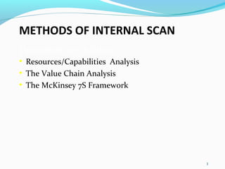 3
METHODS OF INTERNAL SCAN
The methods are as follows:
• Resources/Capabilities Analysis
• The Value Chain Analysis
• The McKinsey 7S Framework
 
