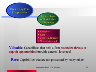 Valuable :  Capabilities that help a firm  neutralize threats or exploit opportunities  [provide  external leverage ] Rare : Capabilities that are not possessed by many others Rameshwar Patel, PIM, Udaipur Four Criteria of Sustainable Advantages Valuable Rare Costly to Imitate Nonsubstitutable Discovering Core Competencies 