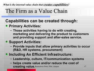 The Firm as a Value Chain Capabilities can be created through: Primary Activities: Those activities having to do with creating, marketing and delivering the product to customers and providing support and after-sales service. Support Activities: Provide inputs that allow primary activities to occur (R&D, HR systems, procurement) Including An Efficient Infrastructure: Leadership, culture, IT/communication systems helps create value and/or reduce the cost of creating value. What is the internal value chain that  creates capabilities ?   Rameshwar Patel, PIM, Udaipur 