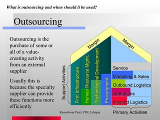 Outsourcing Outsourcing is the purchase of some or all of a value-creating activity from an external supplier Usually this is because the specialty supplier can provide these functions more efficiently What is outsourcing and when should it be used?   Rameshwar Patel, PIM, Udaipur Margin Margin Primary Activities Support Activities Service Marketing & Sales Outbound Logistics Operations Inbound Logistics Firm Infrastructure Human Resource Mgmt. Technological Development Procurement 