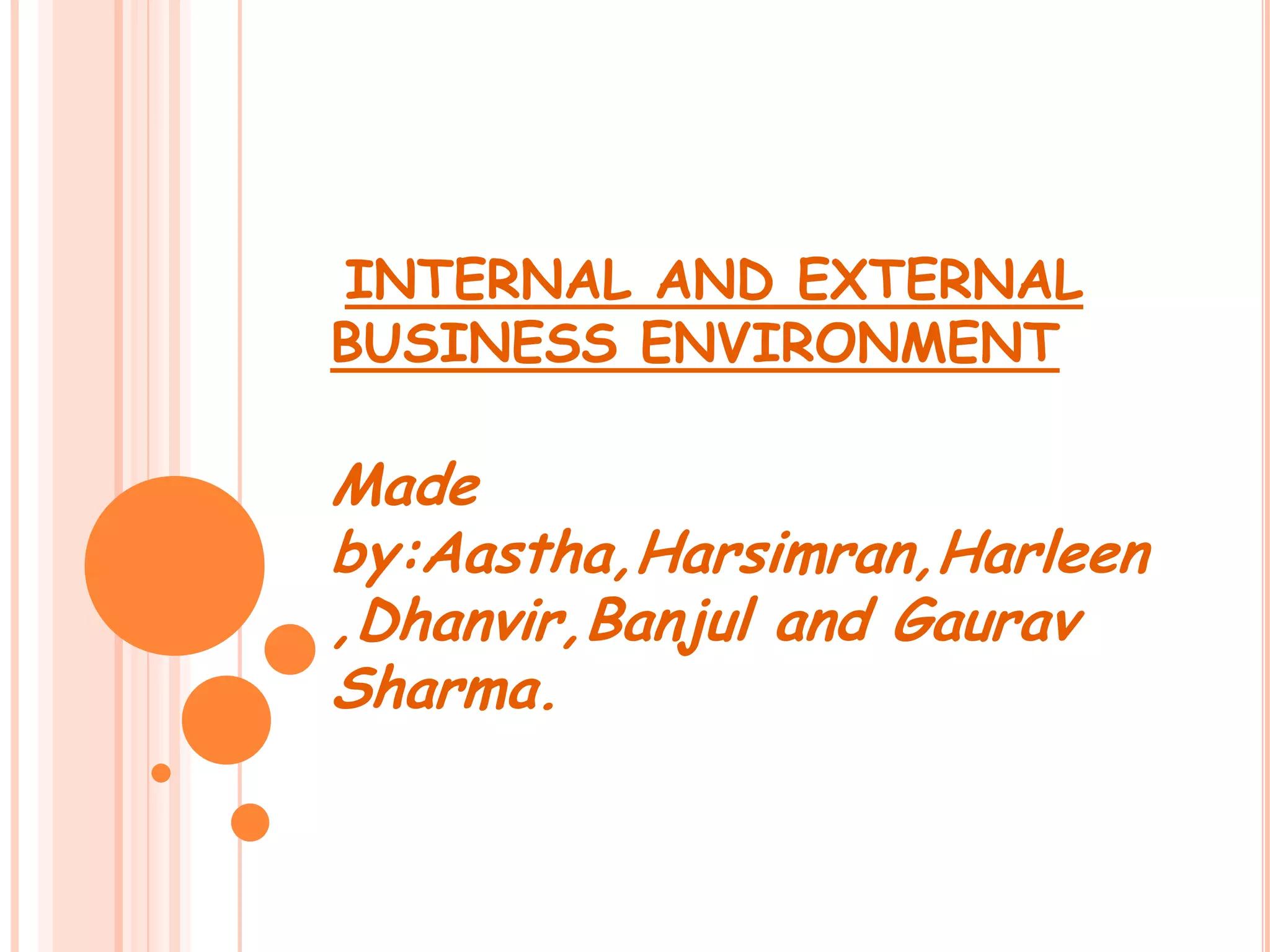 INTERNAL AND EXTERNAL BUSINESS ENVIRONMENTMade by:Aastha,Harsimran,Harleen,Dhanvir,Banjul and Gaurav Sharma.
