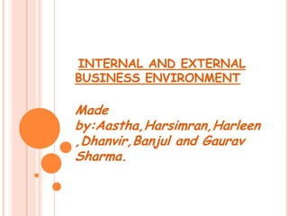 INTERNAL AND EXTERNAL BUSINESS ENVIRONMENT Made by:Aastha,Harsimran,Harleen,Dhanvir,Banjul and Gaurav Sharma. 