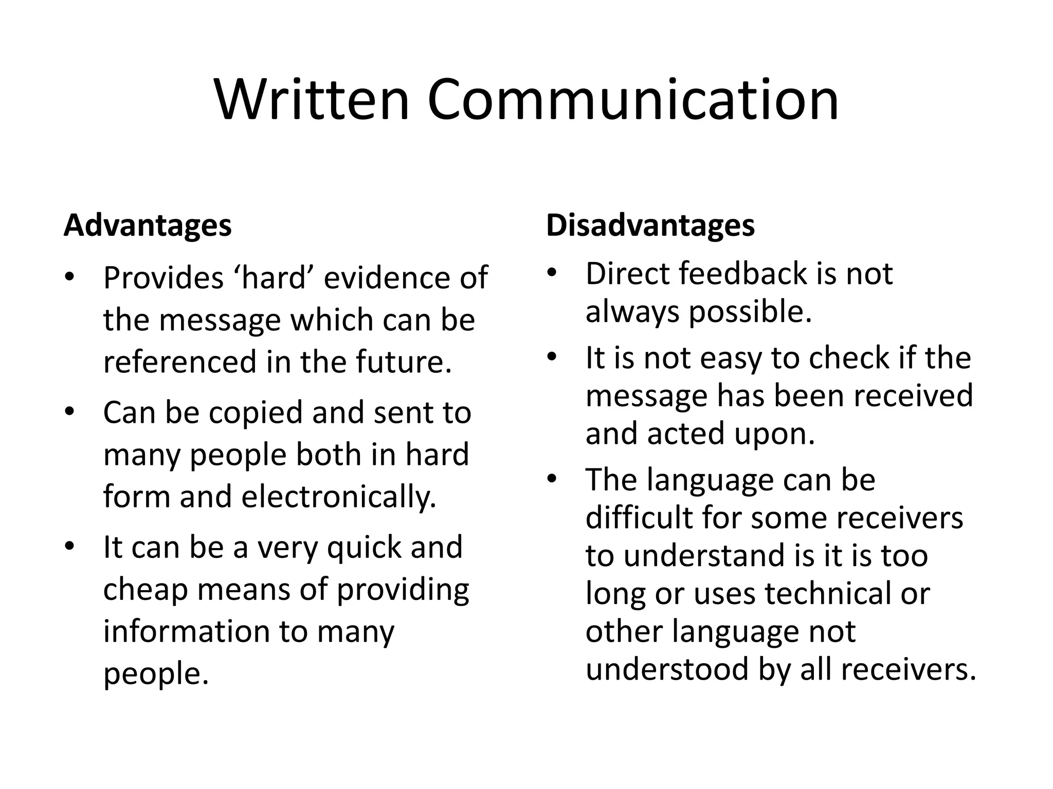 Written Communication
Advantages
• Provides ‘hard’ evidence of
the message which can be
referenced in the future.
• Can be copied and sent to
many people both in hard
form and electronically.
• It can be a very quick and
cheap means of providing
information to many
people.
Disadvantages
• Direct feedback is not
always possible.
• It is not easy to check if the
message has been received
and acted upon.
• The language can be
difficult for some receivers
to understand is it is too
long or uses technical or
other language not
understood by all receivers.
 