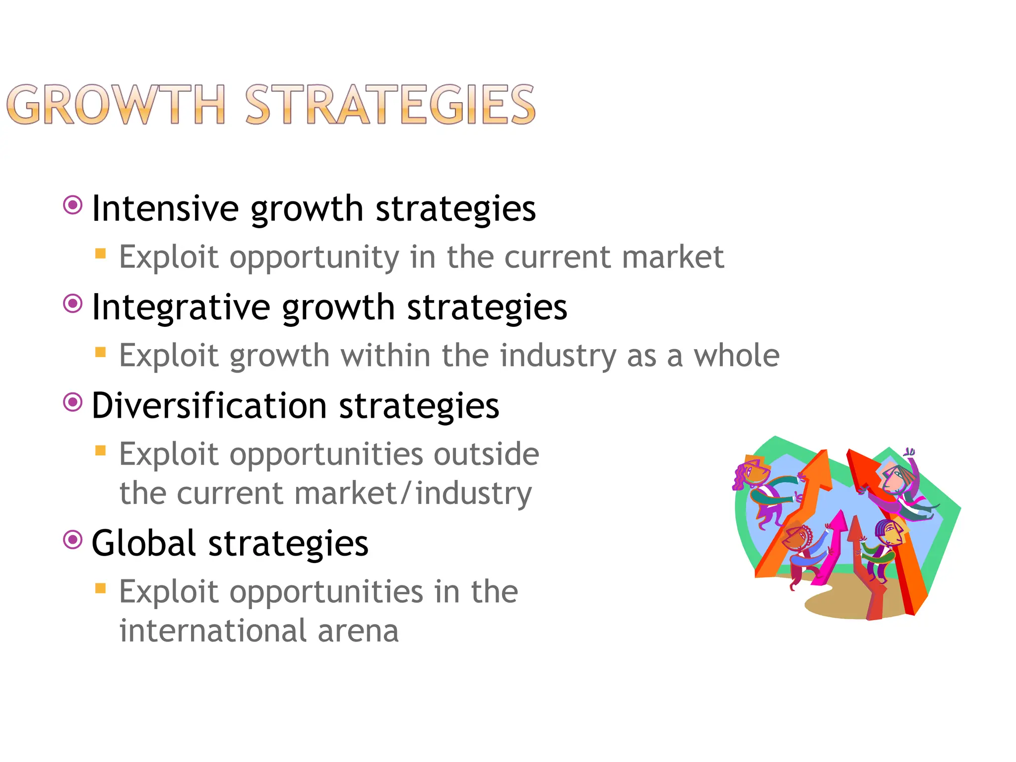  Intensive growth strategies
 Exploit opportunity in the current market
 Integrative growth strategies
 Exploit growth within the industry as a whole
 Diversification strategies
 Exploit opportunities outside
the current market/industry
 Global strategies
 Exploit opportunities in the
international arena
 