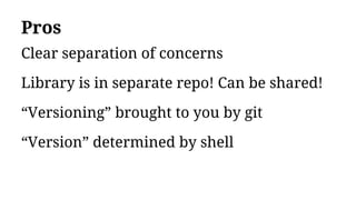 Pros
Clear separation of concerns
Library is in separate repo! Can be shared!
“Versioning” brought to you by git
“Version” determined by shell
 
