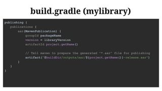 build.gradle (mylibrary)
publishing {
publications {
aar(MavenPublication) {
groupId packageName
version = libraryVersion
artifactId project.getName()
// Tell maven to prepare the generated "*.aar" file for publishing
artifact("$buildDir/outputs/aar/${project.getName()}-release.aar")
}
}
}
 