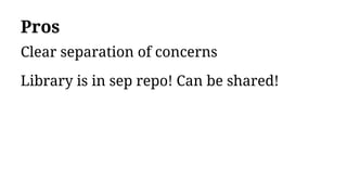 Pros
Clear separation of concerns
Library is in sep repo! Can be shared!
 