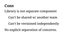 Cons
Library is not separate component
Can’t be shared w/ another team
Can’t be versioned independently
No explicit separation of concerns.
 