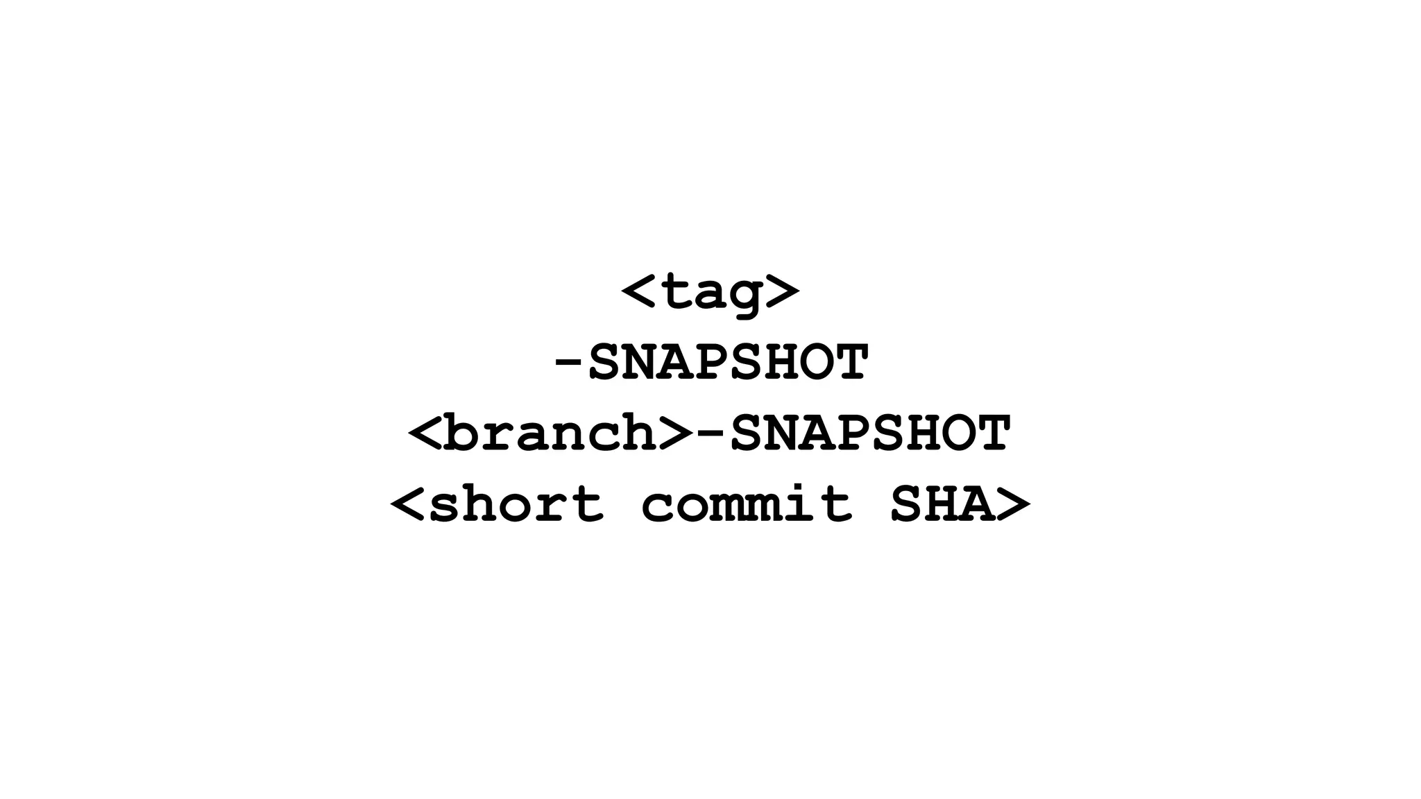 <tag>
-SNAPSHOT
<branch>-SNAPSHOT
<short commit SHA>
 