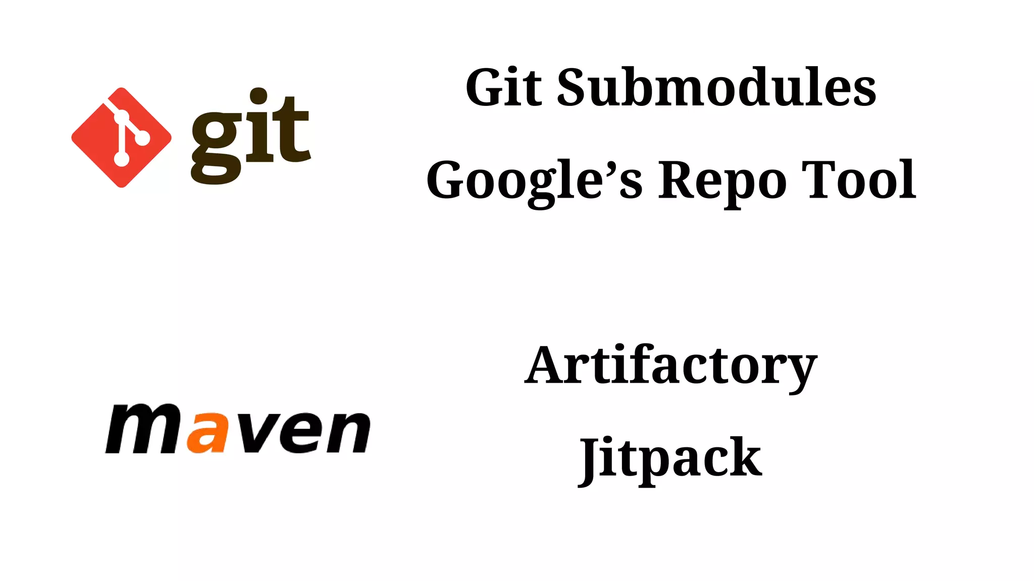 Git Submodules
Google’s Repo Tool
Artifactory
Jitpack
 