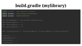 build.gradle (mylibrary)
apply plugin: 'com.android.library'
apply plugin: 'com.jfrog.artifactory'
apply plugin: 'maven-publish'
def packageName = 'com.kiodev.myArtLibrary'
def versionMajor = '1'
def versionMinor = '0'
def versionPatch = '0'
def libraryVersion = "${versionMajor}.${versionMinor}.${versionPatch}"
android { … }
dependencies { … }
publishing { … }
artifactory { … }
 
