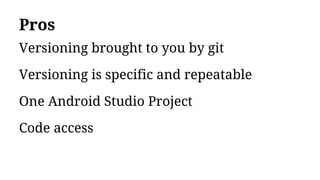 Pros
Versioning brought to you by git
Versioning is specific and repeatable
One Android Studio Project
Code access
 