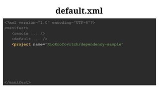 default.xml
<?xml version="1.0" encoding="UTF-8"?>
<manifest>
<remote ... />
<default ... />
<project name="KioKrofovitch/dependency-sample"
</manifest>
 