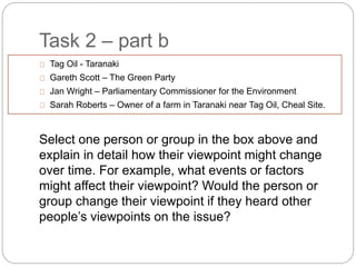 Task 2 – part b
Tag Oil - Taranaki
Gareth Scott – The Green Party
Jan Wright – Parliamentary Commissioner for the Environment
Sarah Roberts – Owner of a farm in Taranaki near Tag Oil, Cheal Site.
Select one person or group in the box above and
explain in detail how their viewpoint might change
over time. For example, what events or factors
might affect their viewpoint? Would the person or
group change their viewpoint if they heard other
people’s viewpoints on the issue?
 