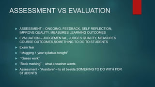 ASSESSMENT VS EVALUATION
 ASSESSMENT – ONGOING, FEEDBACK, SELF REFLECTION,
IMPROVE QUALITY, MEASURES LEARNING OUTCOMES
 EVALUATION – JUDGEMENTAL, JUDGES QUALITY, MEASURES
COURSE OUTCOMES,SOMETHING TO DO TO STUDENTS
 Exam fear
 “ Mugging 1 year syllabus tonight”
 “Guess work”
 “Book marking” – what a teacher wants
 Assessment - ”Assidare” – to sit beside,SOMEHING TO DO WITH FOR
STUDENTS
 