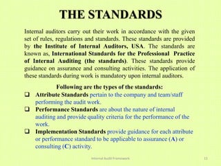 THE STANDARDS
Internal auditors carry out their work in accordance with the given
set of rules, regulations and standards. These standards are provided
by the Institute of Internal Auditors, USA. The standards are
known as, International Standards for the Professional Practice
of Internal Auditing (the standards). These standards provide
guidance on assurance and consulting activities. The application of
these standards during work is mandatory upon internal auditors.
           Following are the types of the standards:
 Attribute Standards pertain to the company and team/staff
  performing the audit work.
 Performance Standards are about the nature of internal
  auditing and provide quality criteria for the performance of the
  work.
 Implementation Standards provide guidance for each attribute
  or performance standard to be applicable to assurance (A) or
  consulting (C) activity.
                           Internal Audit Framework                     11
 