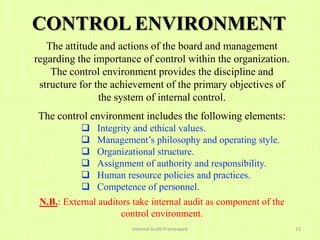CONTROL ENVIRONMENT
   The attitude and actions of the board and management
regarding the importance of control within the organization.
    The control environment provides the discipline and
 structure for the achievement of the primary objectives of
                the system of internal control.
The control environment includes the following elements:
              Integrity and ethical values.
              Management’s philosophy and operating style.
              Organizational structure.
              Assignment of authority and responsibility.
              Human resource policies and practices.
              Competence of personnel.
 N.B.: External auditors take internal audit as component of the
                      control environment.
                        Internal Audit Framework                   15
 