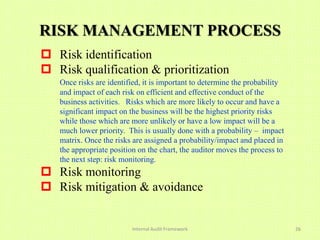 RISK MANAGEMENT PROCESS
 Risk identification
 Risk qualification & prioritization
   Once risks are identified, it is important to determine the probability
   and impact of each risk on efficient and effective conduct of the
   business activities. Risks which are more likely to occur and have a
   significant impact on the business will be the highest priority risks
   while those which are more unlikely or have a low impact will be a
   much lower priority. This is usually done with a probability – impact
   matrix. Once the risks are assigned a probability/impact and placed in
   the appropriate position on the chart, the auditor moves the process to
   the next step: risk monitoring..
 Risk monitoring
 Risk mitigation & avoidance


                         Internal Audit Framework                            26
 