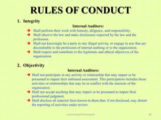 RULES OF CONDUCT
1. Integrity
                                      Internal Auditors:
      Shall perform their work with honesty, diligence, and responsibility.
      Shall observe the law and make disclosures expected by the law and the
       profession.
      Shall not knowingly be a party to any illegal activity, or engage in acts that are
       discreditable to the profession of internal auditing or to the organization.
      Shall respect and contribute to the legitimate and ethical objectives of the
       organization.

2. Objectivity
                                 Internal Auditors:
      Shall not participate in any activity or relationship that may impair or be
       presumed to impair their unbiased assessment. This participation includes those
       activities or relationships that may be in conflict with the interests of the
       organization.
      Shall not accept anything that may impair or be presumed to impair their
       professional judgment.
      Shall disclose all material facts known to them that, if not disclosed, may distort
       the reporting of activities under review.

                                 Internal Audit Framework                                    38
 