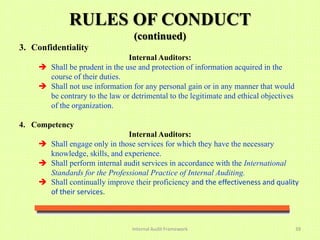RULES OF CONDUCT
                                 (continued)
3. Confidentiality
                               Internal Auditors:
     Shall be prudent in the use and protection of information acquired in the
      course of their duties.
     Shall not use information for any personal gain or in any manner that would
      be contrary to the law or detrimental to the legitimate and ethical objectives
      of the organization.

4. Competency
                              Internal Auditors:
     Shall engage only in those services for which they have the necessary
      knowledge, skills, and experience.
     Shall perform internal audit services in accordance with the International
      Standards for the Professional Practice of Internal Auditing.
     Shall continually improve their proficiency and the effectiveness and quality
      of their services.



                                 Internal Audit Framework                              39
 