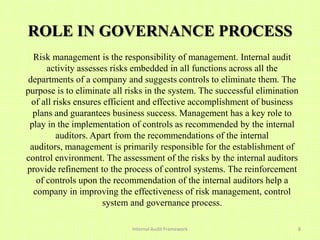 ROLE IN GOVERNANCE PROCESS
  Risk management is the responsibility of management. Internal audit
      activity assesses risks embedded in all functions across all the
 departments of a company and suggests controls to eliminate them. The
purpose is to eliminate all risks in the system. The successful elimination
  of all risks ensures efficient and effective accomplishment of business
  plans and guarantees business success. Management has a key role to
 play in the implementation of controls as recommended by the internal
          auditors. Apart from the recommendations of the internal
 auditors, management is primarily responsible for the establishment of
control environment. The assessment of the risks by the internal auditors
provide refinement to the process of control systems. The reinforcement
   of controls upon the recommendation of the internal auditors help a
  company in improving the effectiveness of risk management, control
                       system and governance process.

                             Internal Audit Framework                     8
 