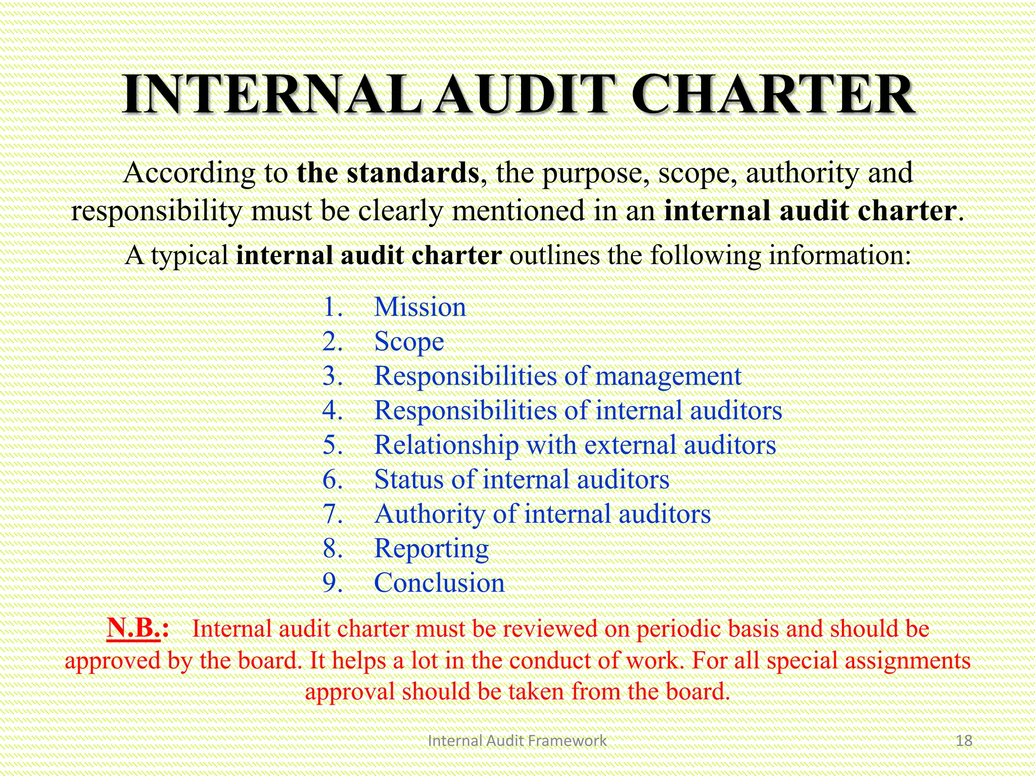 INTERNALAUDIT CHARTER
Internal Audit Framework 18
According to the standards, the purpose, scope, authority and
responsibility must be clearly mentioned in an internal audit charter.
A typical internal audit charter outlines the following information:
1. Mission
2. Scope
3. Responsibilities of management
4. Responsibilities of internal auditors
5. Relationship with external auditors
6. Status of internal auditors
7. Authority of internal auditors
8. Reporting
9. Conclusion
N.B.: Internal audit charter must be reviewed on periodic basis and should be
approved by the board. It helps a lot in the conduct of work. For all special assignments
approval should be taken from the board.
 